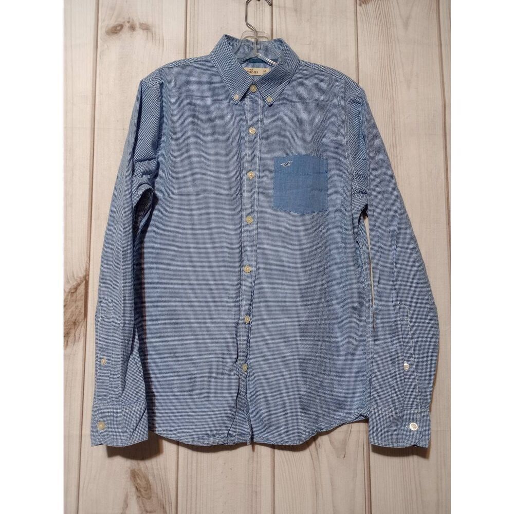 Hollister Shirt Men's Medium Blue Gingham Button Front Long Sleeve